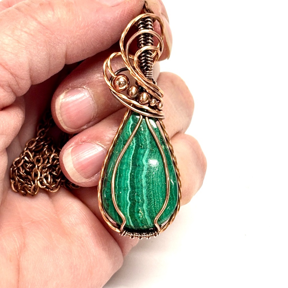 HANDMADE Malachite Hand Wrapped Copper and Copper Bead Pendant, Gift for Her - Picture 9 of 10